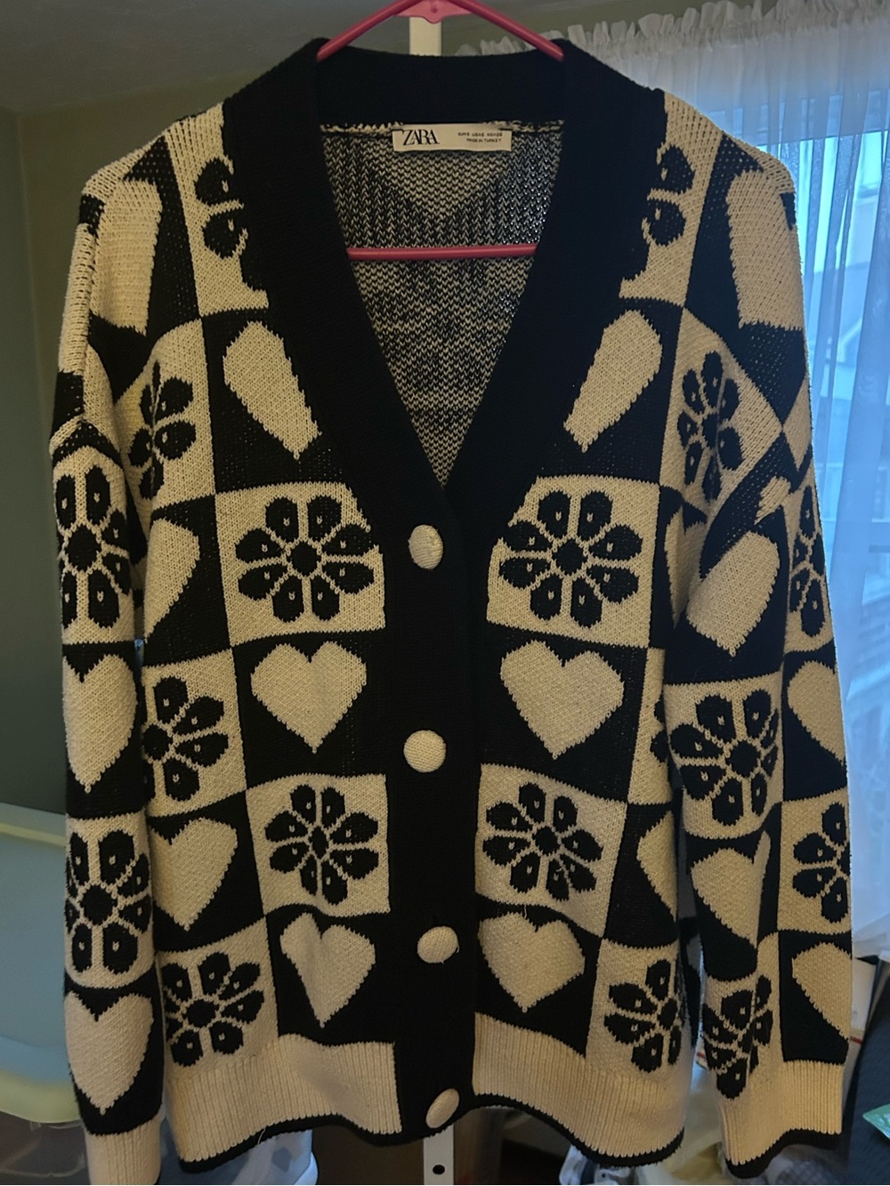 Zara Black & White Heart and Floral Jacquard Cardigan